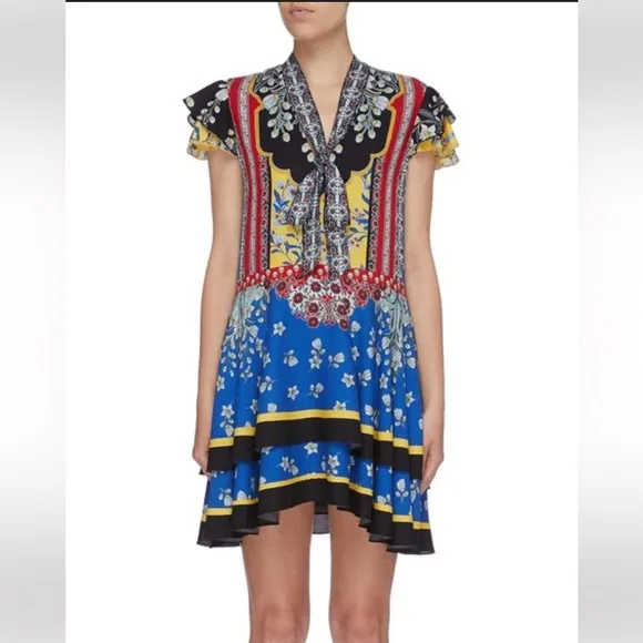 ALICE AND OLIVIA Palace Daffodil Paisley Floral Print Blue Red Tie Neck Dress