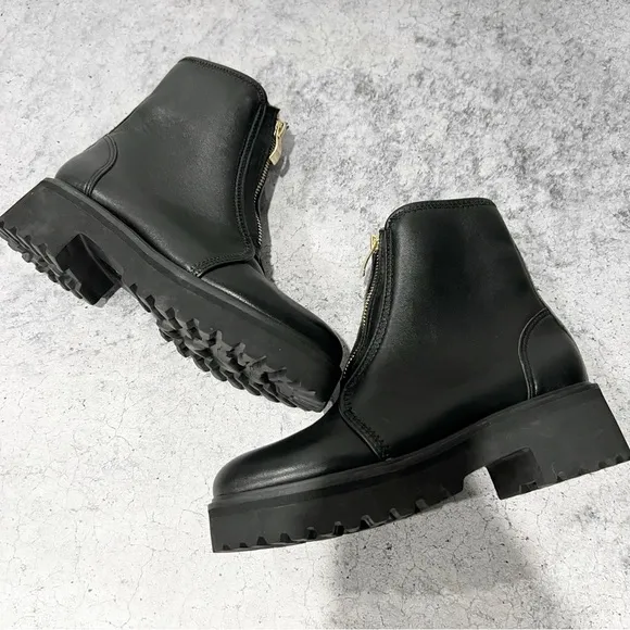 All Black for Anthropologie Black Leather Boots Zip Front Center Size 36