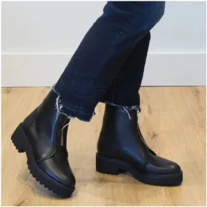 All Black for Anthropologie Black Leather Boots Zip Front Center Size 36