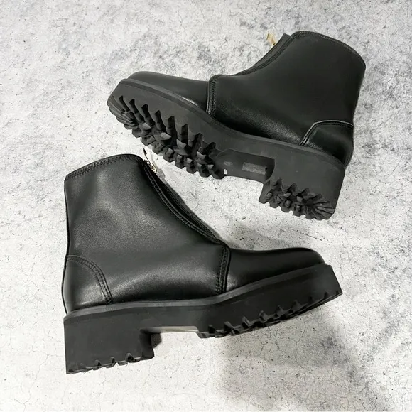 All Black for Anthropologie Black Leather Boots Zip Front Center Size 36