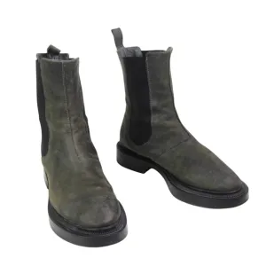 ALL BLACK GRAY REAL LEATHER LOW HEEL ROUND TOE ELASTIC SIDES ANKLE BOOTS Sz 37