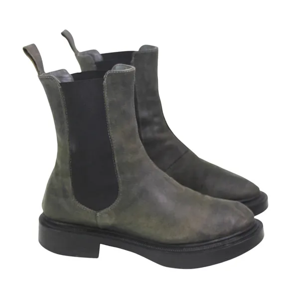 ALL BLACK GRAY REAL LEATHER LOW HEEL ROUND TOE ELASTIC SIDES ANKLE BOOTS Sz 37