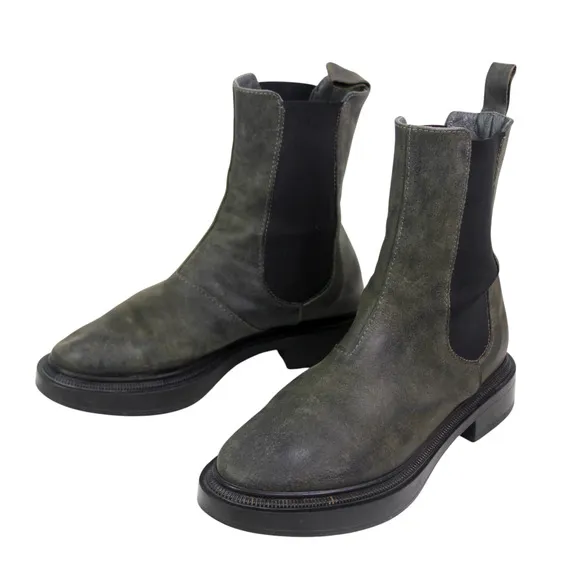 ALL BLACK GRAY REAL LEATHER LOW HEEL ROUND TOE ELASTIC SIDES ANKLE BOOTS Sz 37