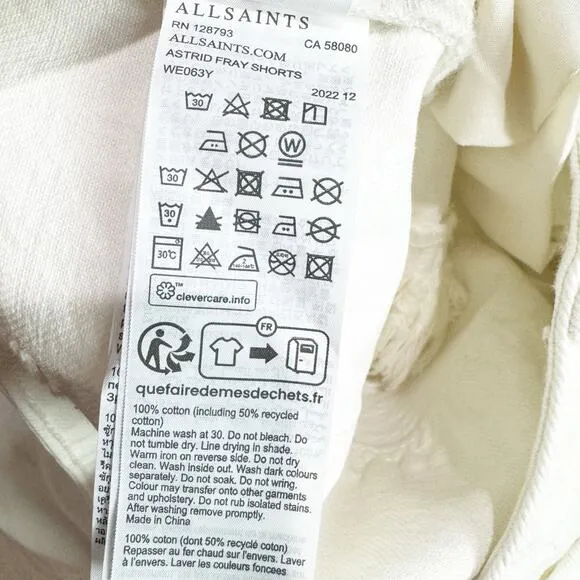 All Saints Astrid Fray Shorts High Waisted Distressed Cream White Size 30 NWT