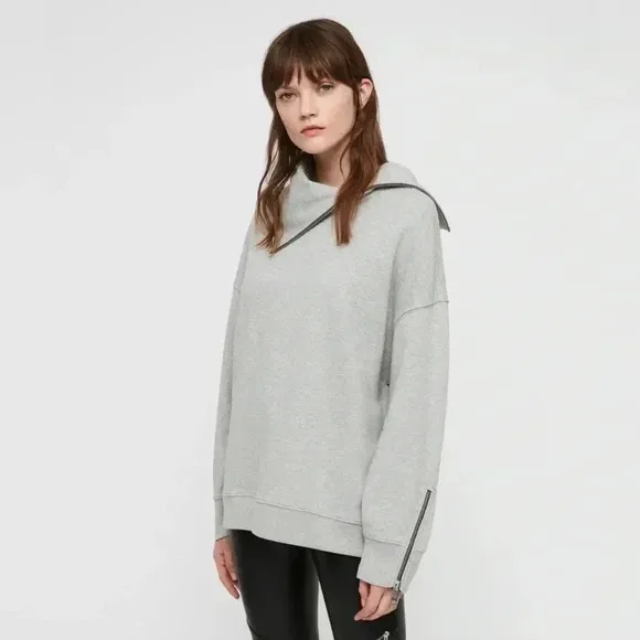 All Saints Bella Asymmetric Cowl Zip Sweatshirt gray medium oversized trendy