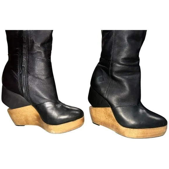 All Saints Black Leather Over-the-Knee Wedge Boots Women’s Size 39 (US 8-8.5)‎