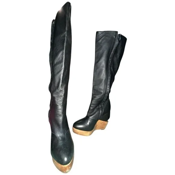 All Saints Black Leather Over-the-Knee Wedge Boots Women’s Size 39 (US 8-8.5)‎