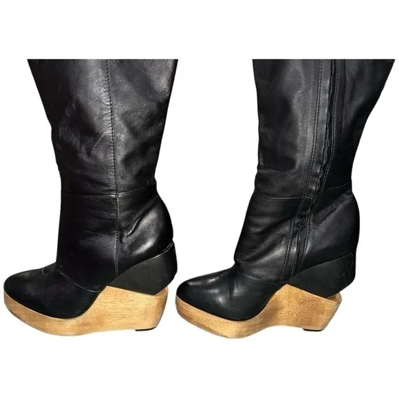 All Saints Black Leather Over-the-Knee Wedge Boots Women’s Size 39 (US 8-8.5)‎