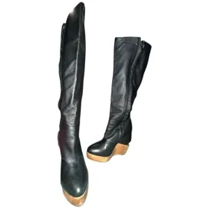 All Saints Black Leather Over-the-Knee Wedge Boots Women’s Size 39 (US 8-8.5)‎
