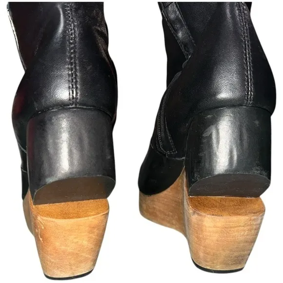 All Saints Black Leather Over-the-Knee Wedge Boots Women’s Size 39 (US 8-8.5)‎