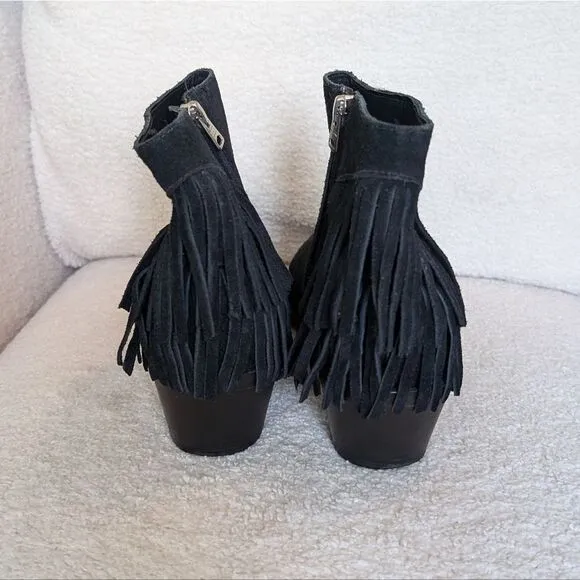 All Saints Black Suede Western Fringe Heeled Boots booties
