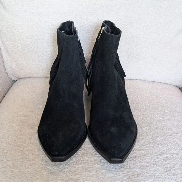All Saints Black Suede Western Fringe Heeled Boots booties