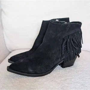 All Saints Black Suede Western Fringe Heeled Boots booties