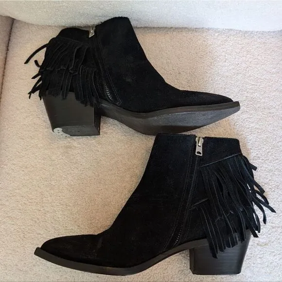 All Saints Black Suede Western Fringe Heeled Boots booties
