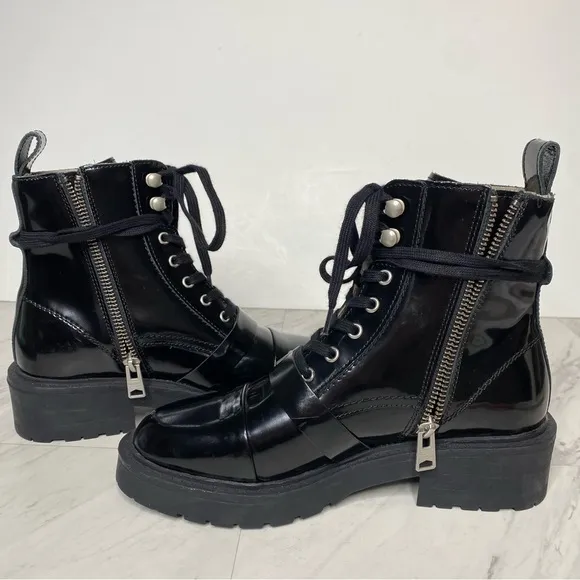 All Saints Donita Black Patent Lace Up Combat Boot 6