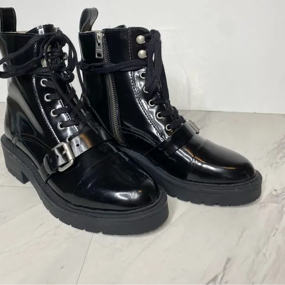 All Saints Donita Black Patent Lace Up Combat Boot 6