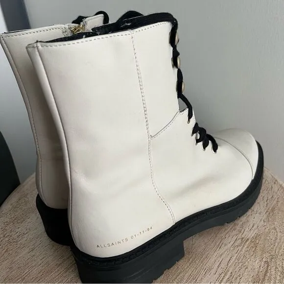 All Saints Dusty Leather Lace Up Combat Boots in White NWOB