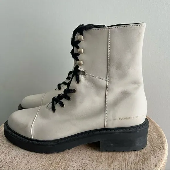 All Saints Dusty Leather Lace Up Combat Boots in White NWOB