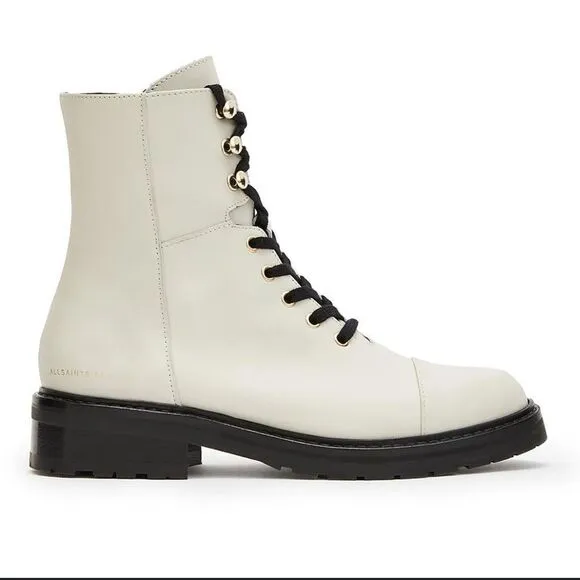 All Saints Dusty Leather Lace Up Combat Boots in White NWOB