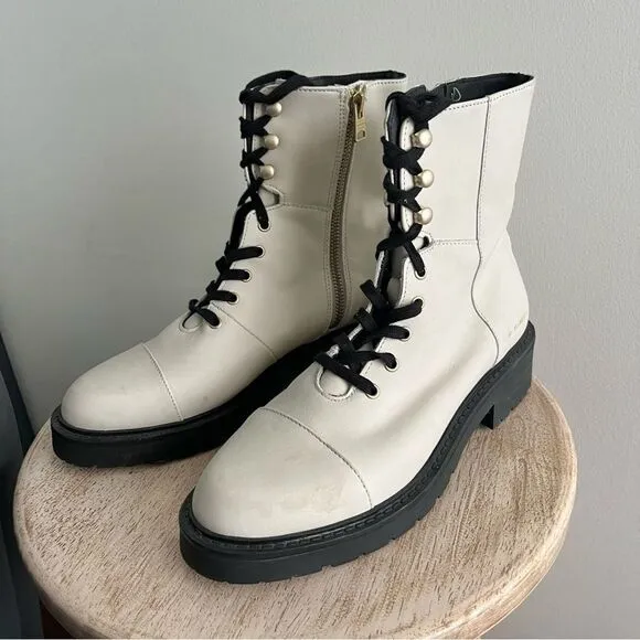 All Saints Dusty Leather Lace Up Combat Boots in White NWOB