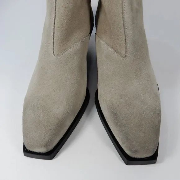 All Saints Lenora Heeled Ankle Boots Size 37 6.5 7 Stone Suede Leather NEW $349