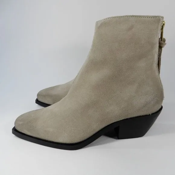 All Saints Lenora Heeled Ankle Boots Size 37 6.5 7 Stone Suede Leather NEW $349