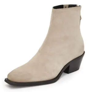 All Saints Lenora Heeled Ankle Boots Size 37 6.5 7 Stone Suede Leather NEW $349