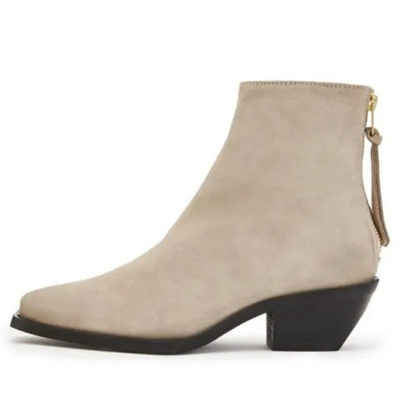 All Saints Lenora Heeled Ankle Boots Size 37 6.5 7 Stone Suede Leather NEW $349