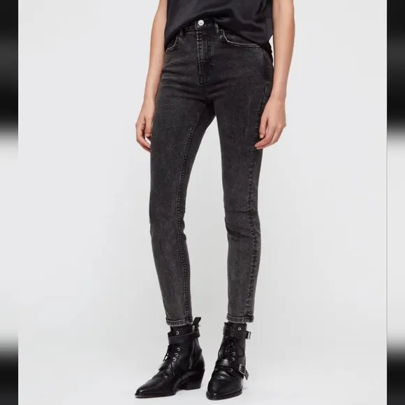 All Saints Nyla Classic High Waisted Ankle Cropped Skinny Jeans Faded Black 26