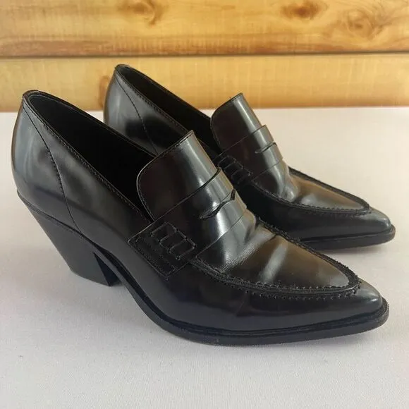 ALL SAINTS Womens EU 36 US 6 Black Leather Loafers Pointed Toe Block Chunky Heel