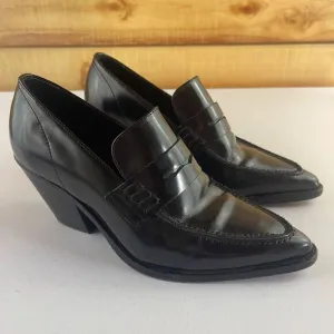 ALL SAINTS Womens EU 36 US 6 Black Leather Loafers Pointed Toe Block Chunky Heel