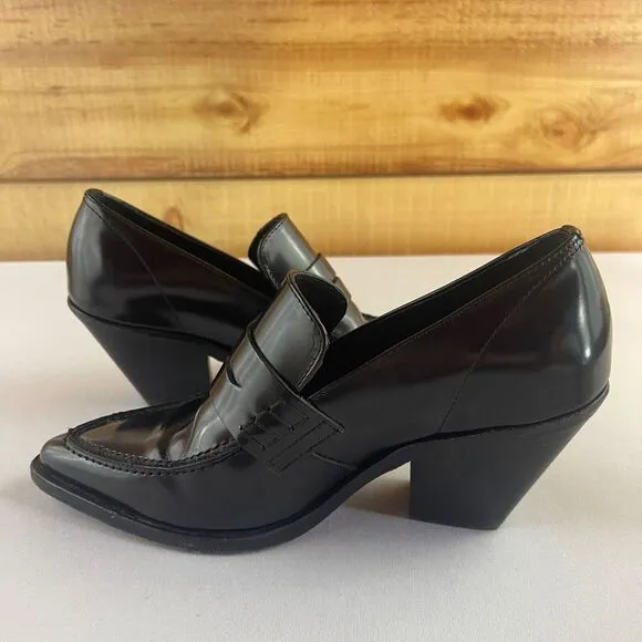 ALL SAINTS Womens EU 36 US 6 Black Leather Loafers Pointed Toe Block Chunky Heel