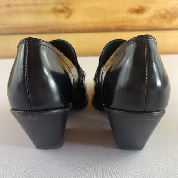 ALL SAINTS Womens EU 36 US 6 Black Leather Loafers Pointed Toe Block Chunky Heel