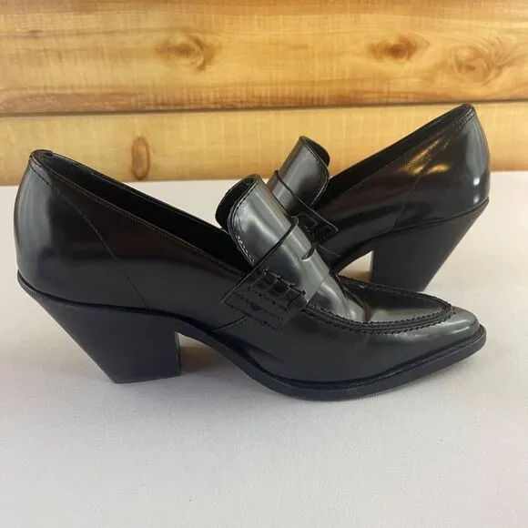 ALL SAINTS Womens EU 36 US 6 Black Leather Loafers Pointed Toe Block Chunky Heel