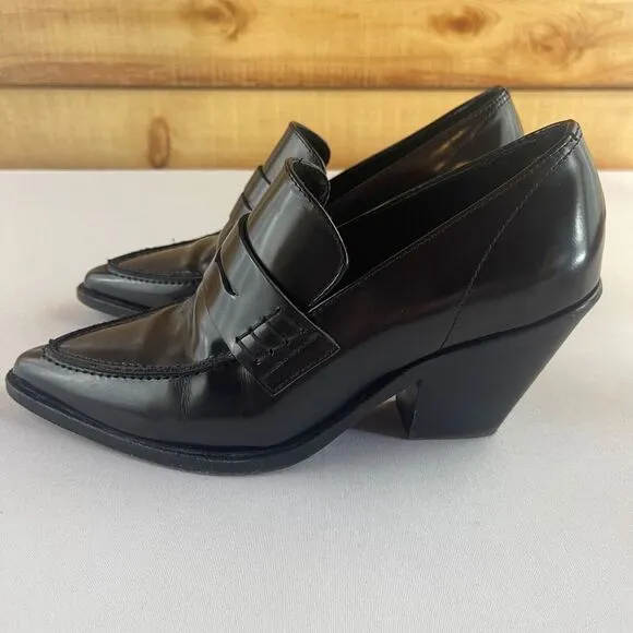 ALL SAINTS Womens EU 36 US 6 Black Leather Loafers Pointed Toe Block Chunky Heel