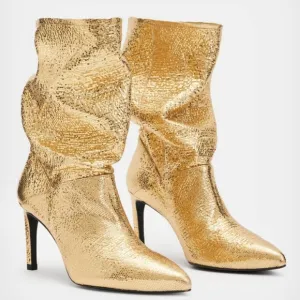 All Saints Orlana Shimmer Leather Boots Metallic Gold Slouch