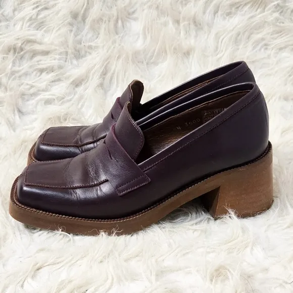 Alohas Roxanne Burgundy Leather Loafers Heels Block Heel Square Toe Brown