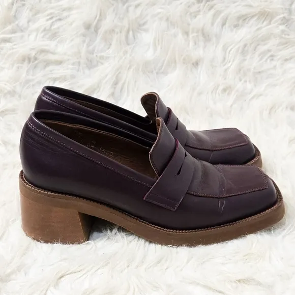 Alohas Roxanne Burgundy Leather Loafers Heels Block Heel Square Toe Brown