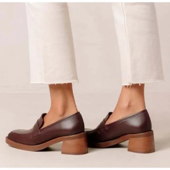Alohas Roxanne Burgundy Leather Loafers Heels Block Heel Square Toe Brown