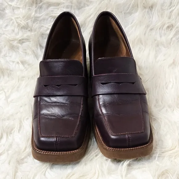 Alohas Roxanne Burgundy Leather Loafers Heels Block Heel Square Toe Brown