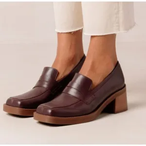 Alohas Roxanne Burgundy Leather Loafers Heels Block Heel Square Toe Brown