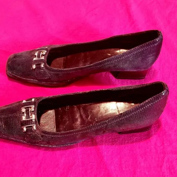 AMALFI by Rangoni Green Snake Leather Horsebit Square Toe Loafers Sz 8 EUC