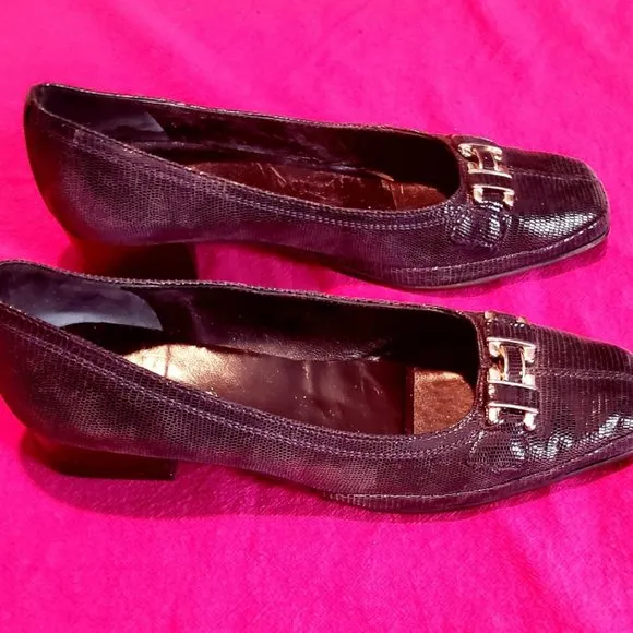 AMALFI by Rangoni Green Snake Leather Horsebit Square Toe Loafers Sz 8 EUC