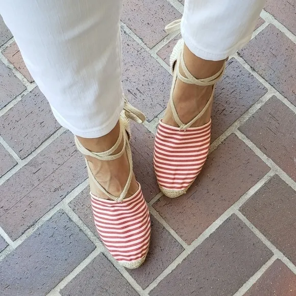 Andre Assous Striped Wedge Lace Up Espadrille Red White Size 10 New