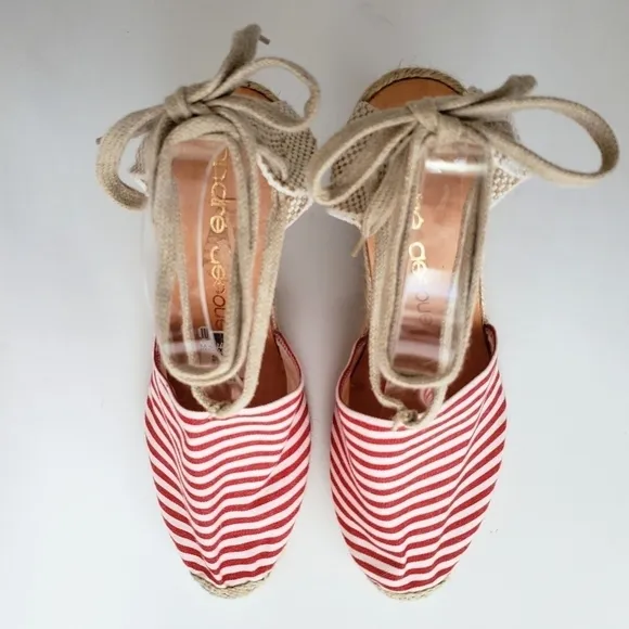 Andre Assous Striped Wedge Lace Up Espadrille Red White Size 10 New