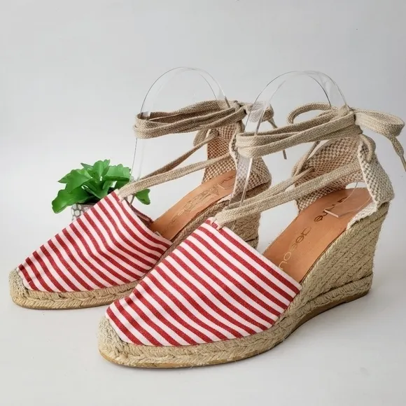 Andre Assous Striped Wedge Lace Up Espadrille Red White Size 10 New