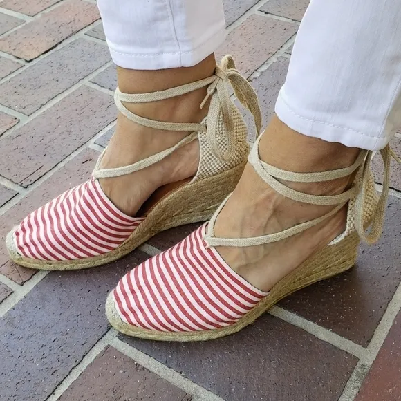 Andre Assous Striped Wedge Lace Up Espadrille Red White Size 10 New