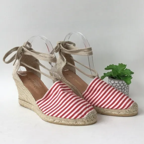 Andre Assous Striped Wedge Lace Up Espadrille Red White Size 10 New