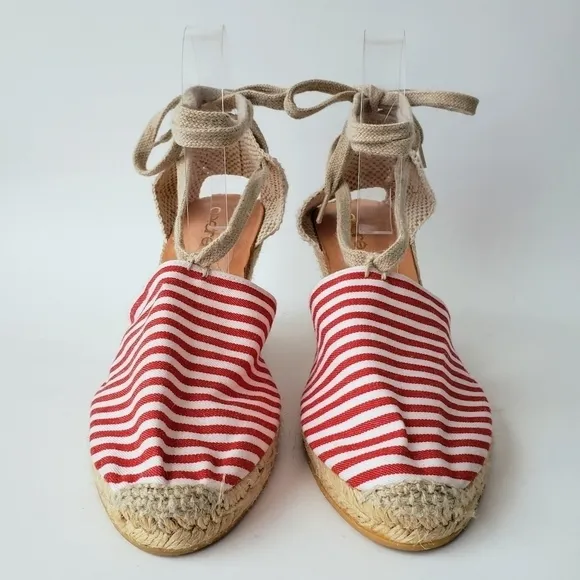 Andre Assous Striped Wedge Lace Up Espadrille Red White Size 10 New