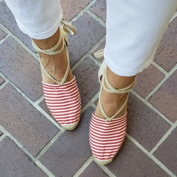 Andre Assous Striped Wedge Lace Up Espadrille Red White Size 10 New